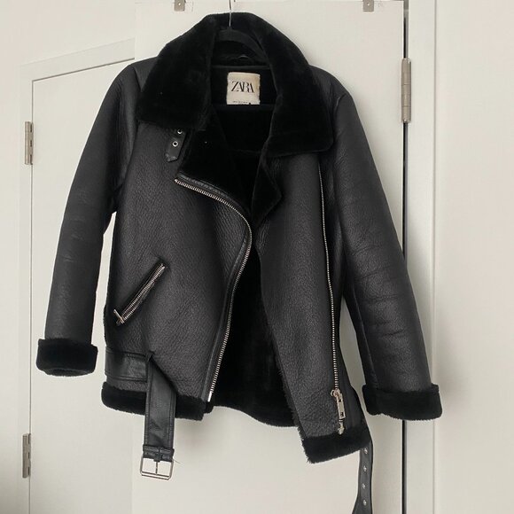 Zara Black fur lined Aviator Jacket - minor cosmetic flaws - Picture 1 of 7